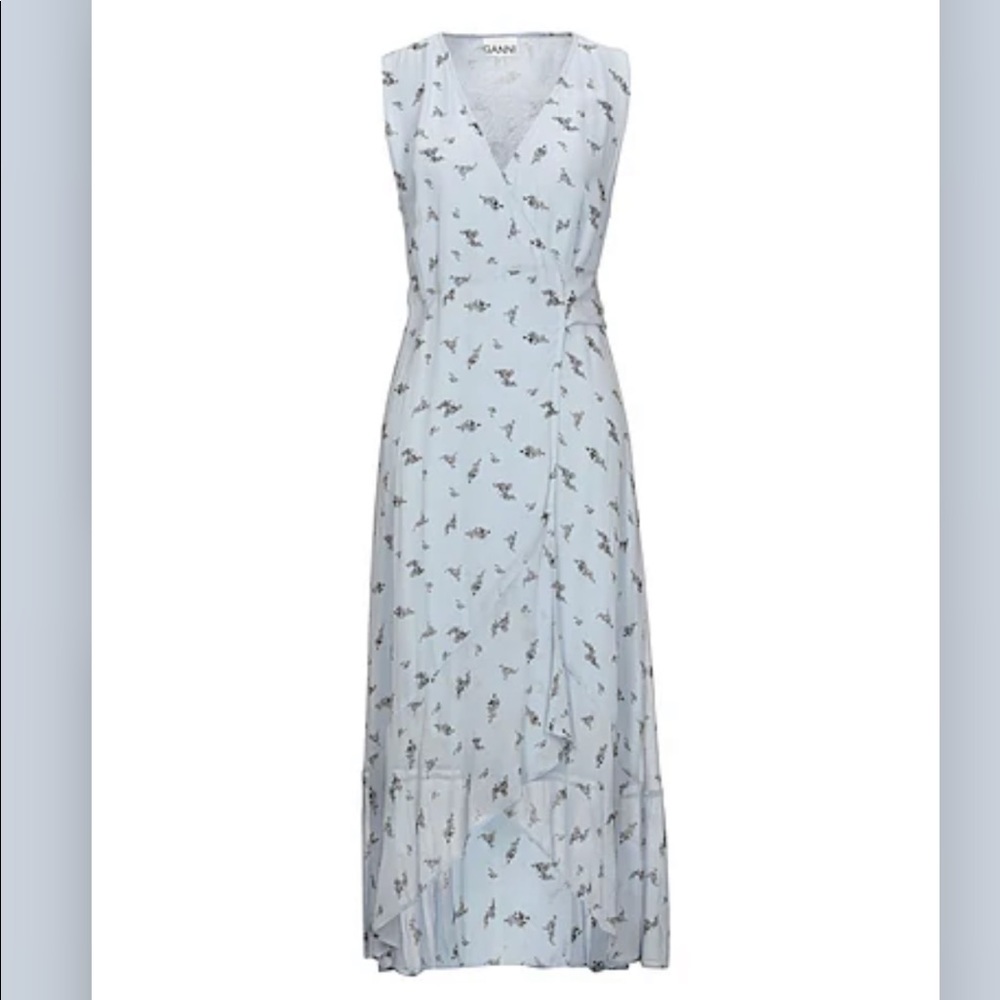 ~SOLD~NWT light blue floral crepe sleeveless wrap dress.